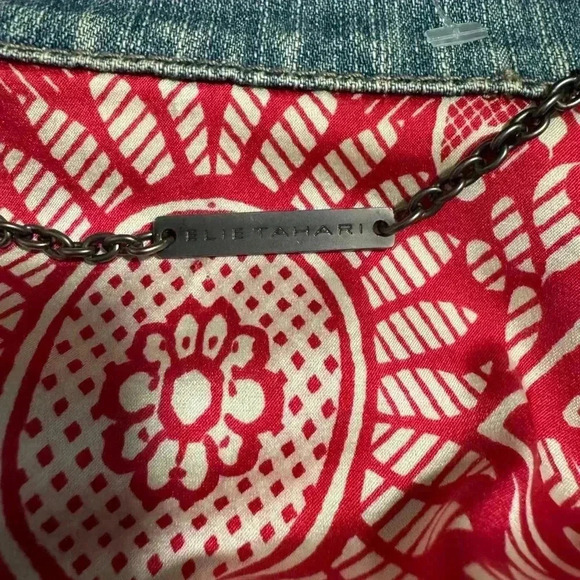 ELIE TAHARI BLUE JEAN BUTTON FRONT DISTRESSED JACKET...woman’s Large - Picture 7 of 11